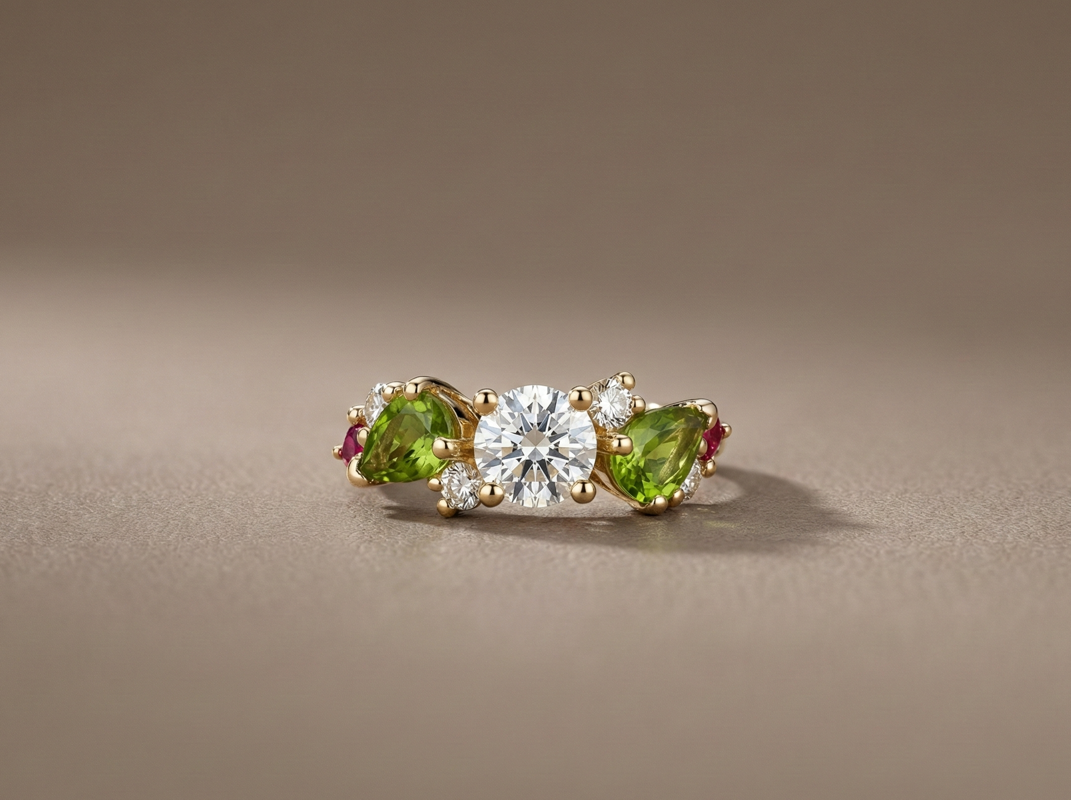 Bague de mariage sur mesure à Paris en or jaune sertie d’un diamant central taille brillant accompagné de tourmalines vertes taille poire et saphirs roses création artisanale DM Jeantet